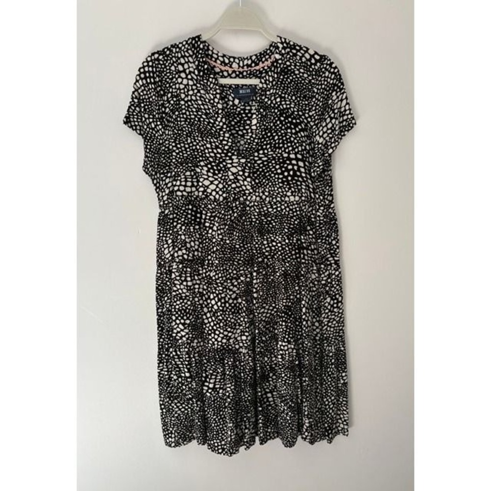 Maeve Anthropologie Womens Black White Abstract Pebble Tiered V-Neck Dress L